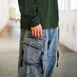 (PT410) Washed Denim Cargo Baggy Pants