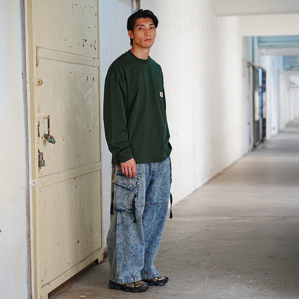 (PT410) Washed Denim Cargo Baggy Pants