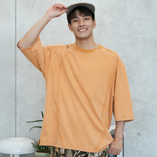(TP1620) Wash Raw Edge Cropped Sleeve Tee