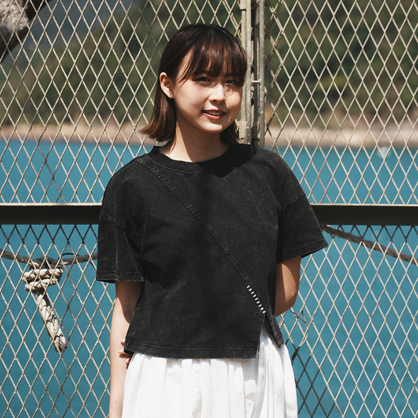 (TP1598) Washed Cropped Split Tee