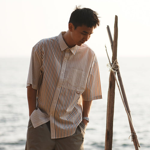 (ST451) Stripe Patchwork Short Sleeve Shirt