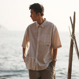 (ST451) Stripe Patchwork Short Sleeve Shirt