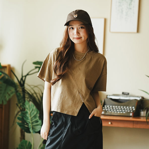 (TP1598) Washed Cropped Split Tee