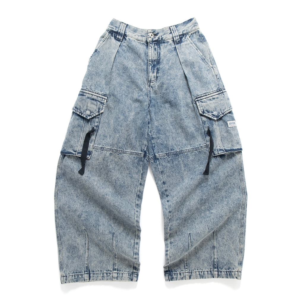 (PT410) Washed Denim Cargo Baggy Pants