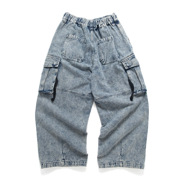 (PT410) Washed Denim Cargo Baggy Pants