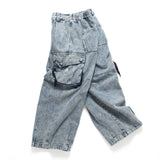 (PT410) Washed Denim Cargo Baggy Pants