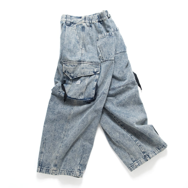 (PT410) Washed Denim Cargo Baggy Pants