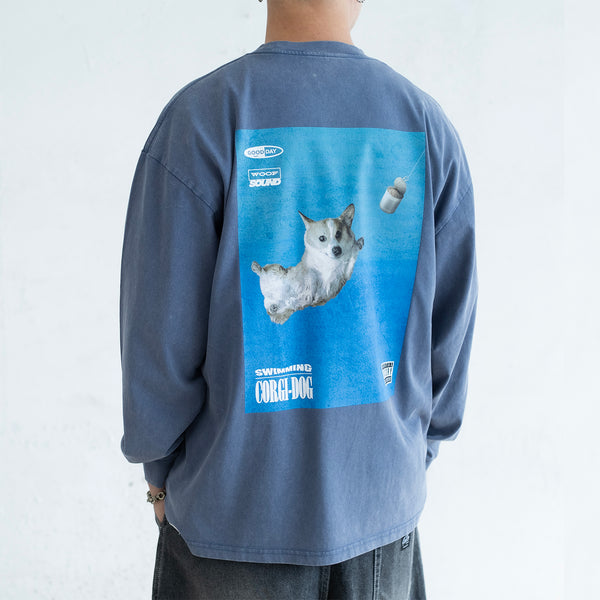 (ZT1779) Swimming Corgi 圖案長袖 Tee