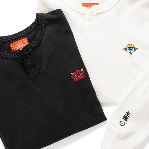 (EX612) Embroidery Henley Neck Long Sleeve Tee