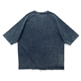 (TP1601) Indigo Washed Sashiko Crop Sleeve Tee
