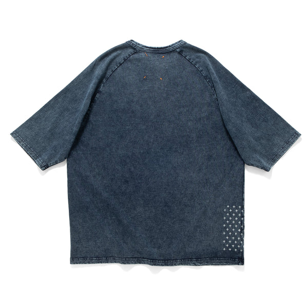(TP1601) Indigo Washed Sashiko Crop Sleeve Tee