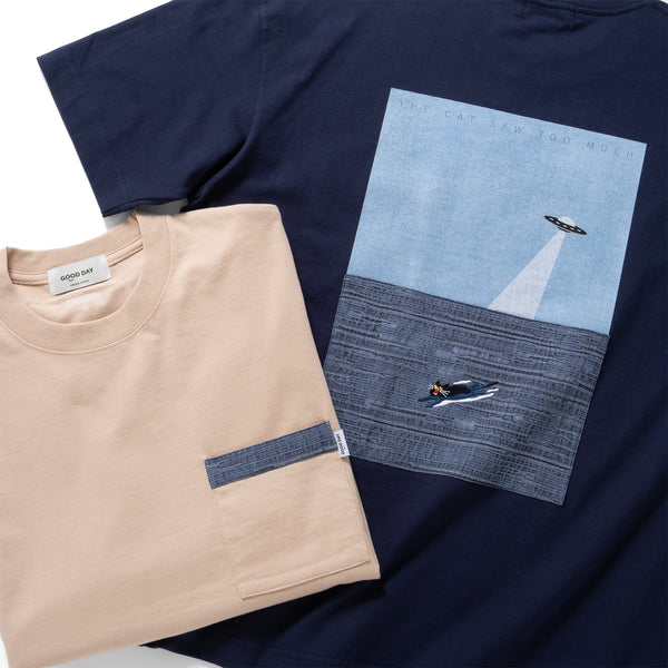 (ZT1686) Swimming Cat Patchwork Pocket Tee