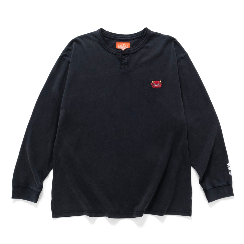 (EX612) Embroidery Henley Neck Long Sleeve Tee