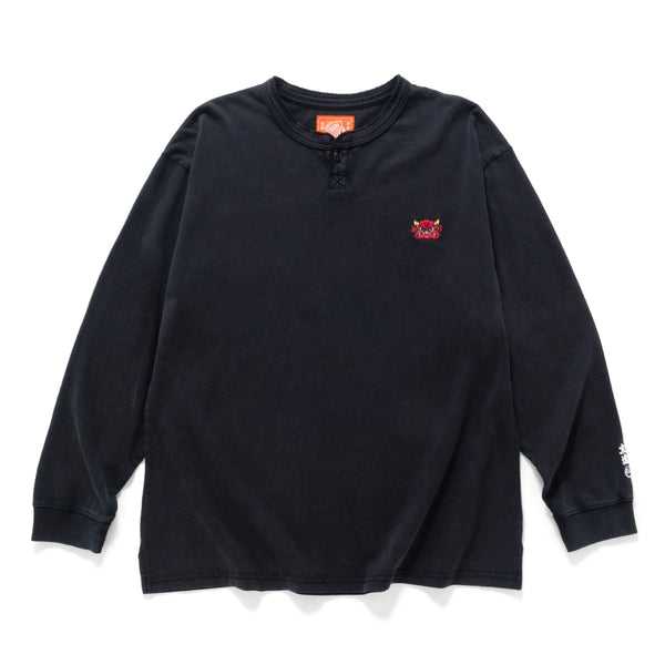 (EX612) Embroidery Henley Neck Long Sleeve Tee