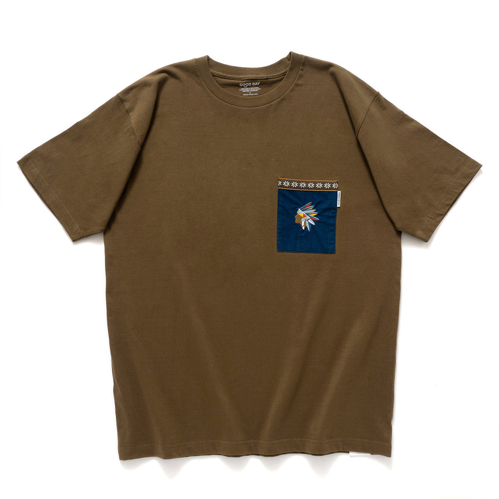 (ZT1128) Indian Chief Embroidery Indigo Pocket Tee