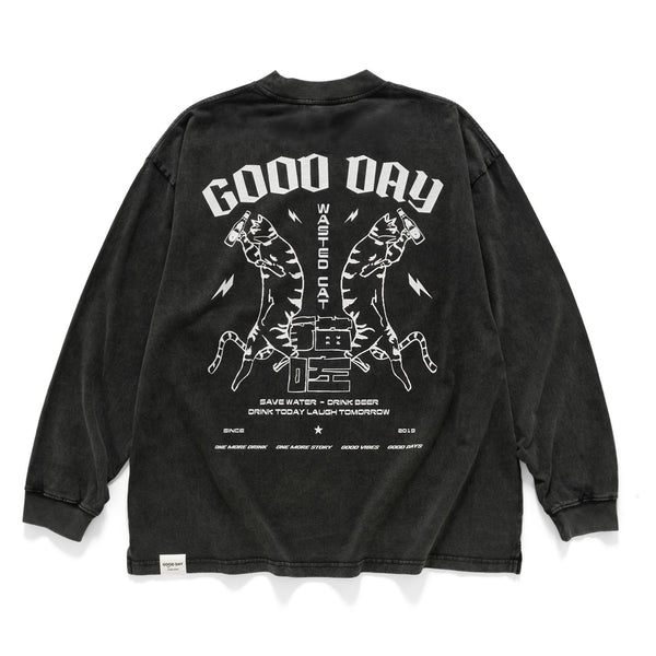 (ZT1574) Wasted Cat Graphic Long Sleeve Tee