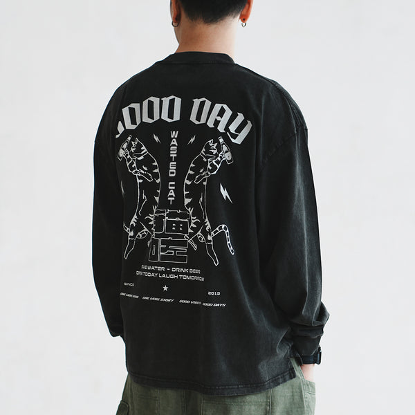 (ZT1574) Wasted Cat Graphic Long Sleeve Tee