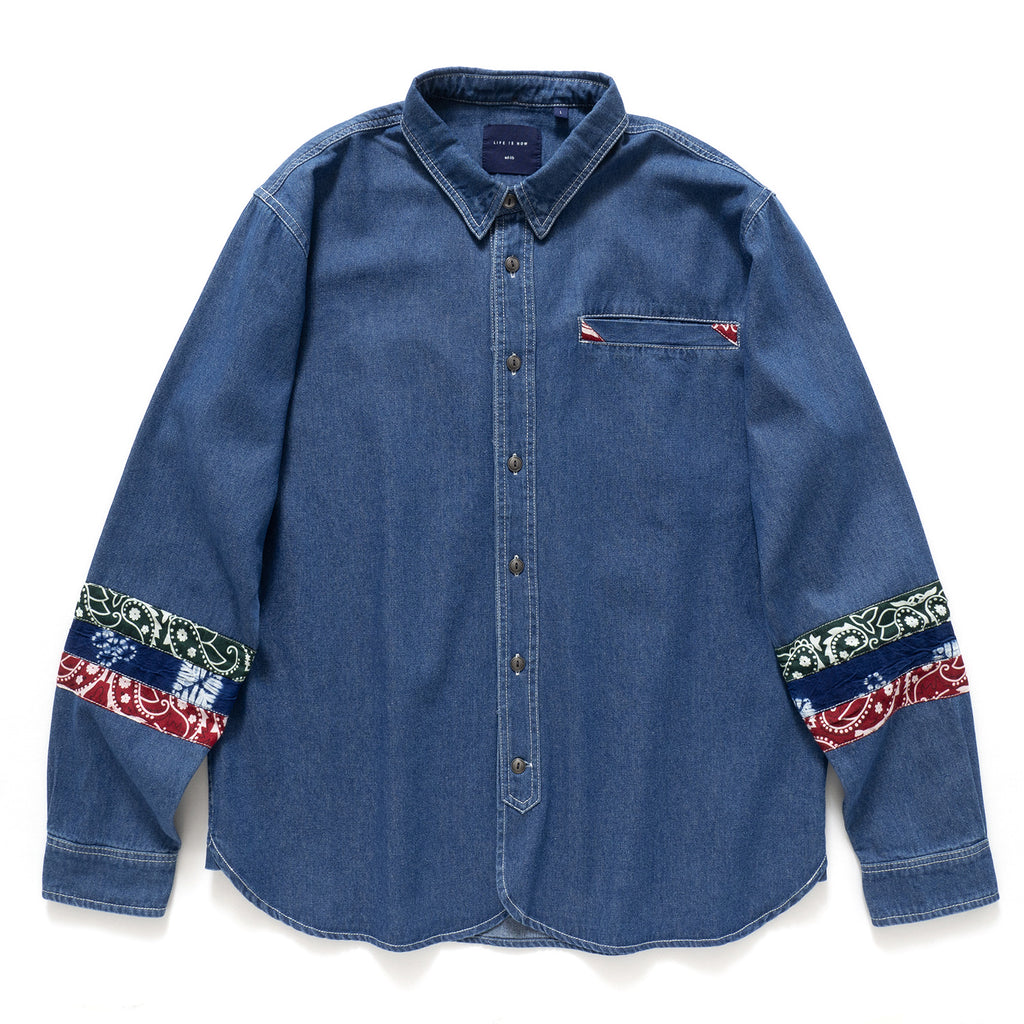 (ST120) Patchwork Sleeve Denim Shirt