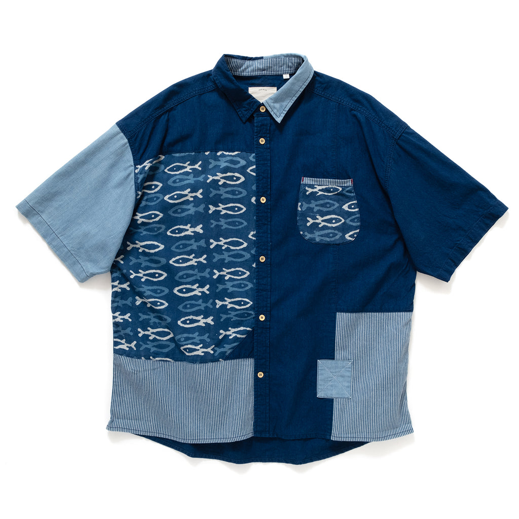 (ST266) Indigo Pattern Patchwork Shirt
