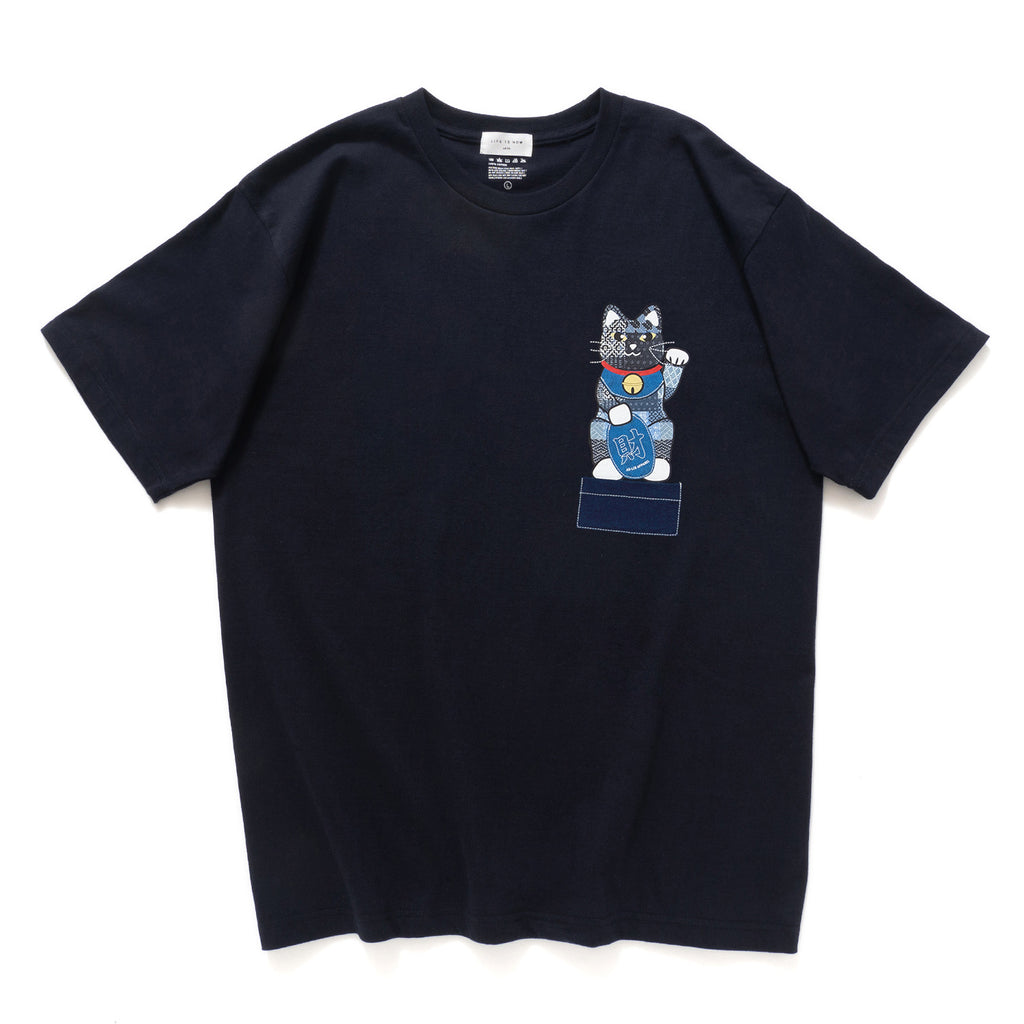 (ZT1013) Lucky Cat Graphic Indigo Pocket Tee