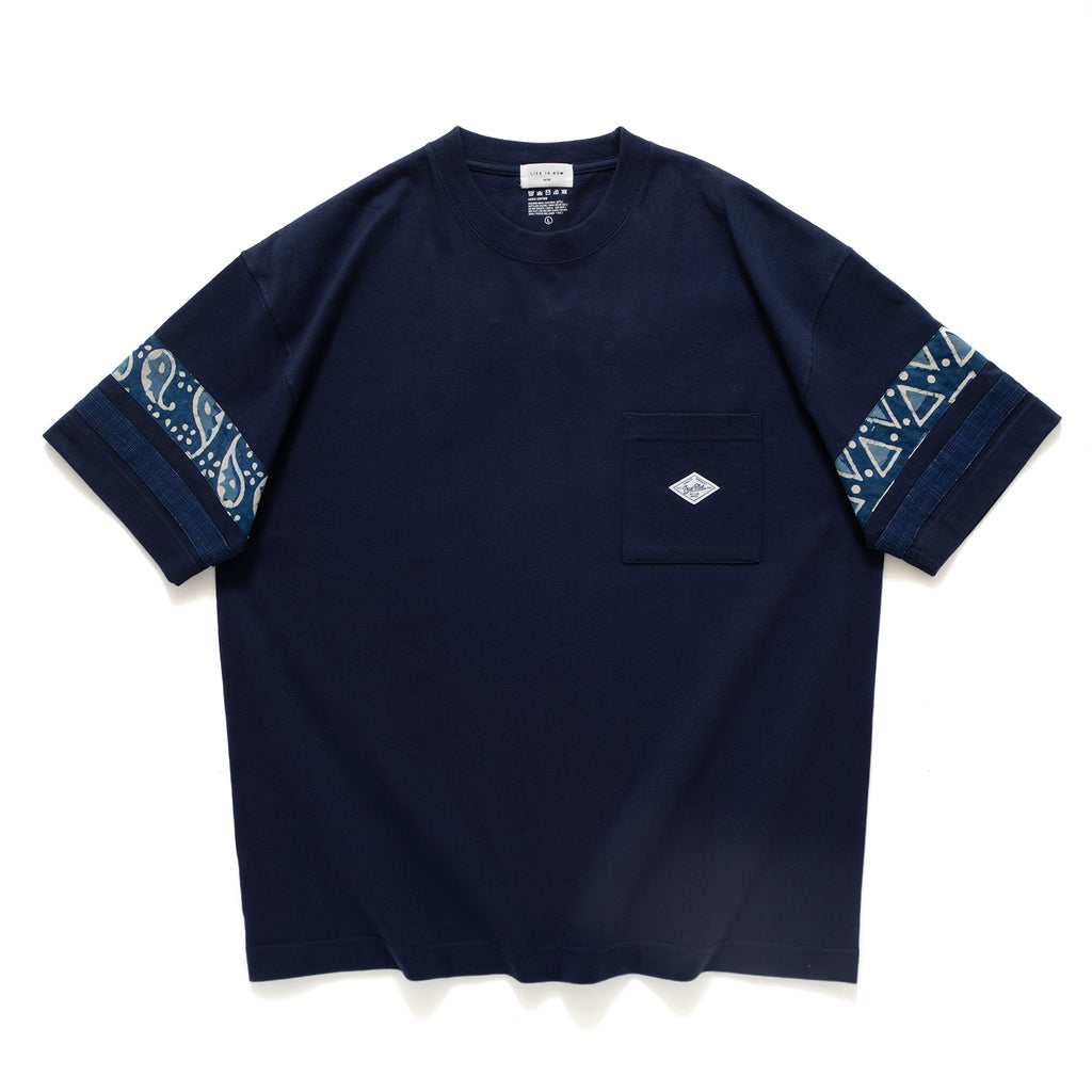 (ZT1014) Indigo Pattern Sleeve Trim Tee