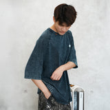 (TP1601) Indigo Washed Sashiko Crop Sleeve Tee