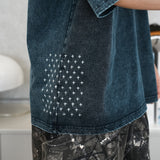 (TP1601) Indigo Washed Sashiko Crop Sleeve Tee