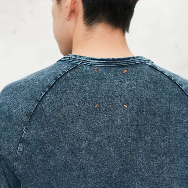 (TP1601) Indigo Washed Sashiko Crop Sleeve Tee