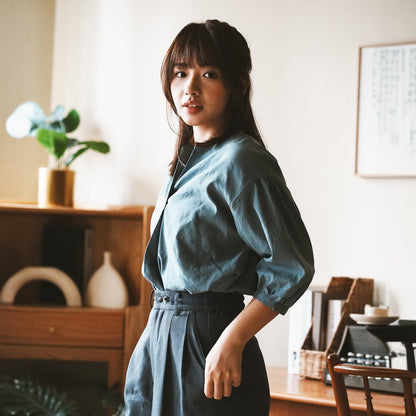 (BL002) 女裝半開胸皺褶袖上衣