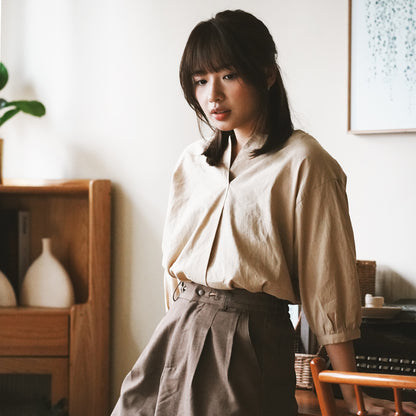 (BL002) 女裝半開胸皺褶袖上衣