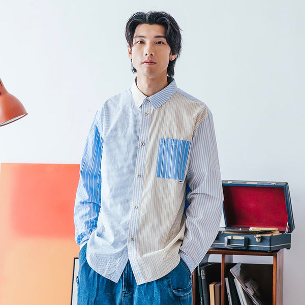 (ST510) Stripes Patchwork Shirt