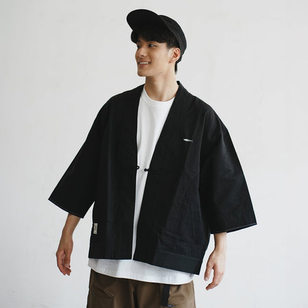 (JK293) Patchwork Collar Denim Kimono
