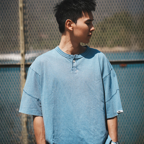 (TP1578) Washed Henley Neck Tee