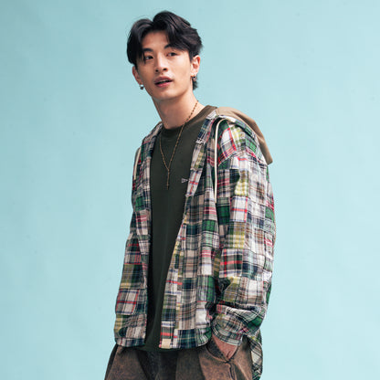 (ST567) Patchwork Hooded Shirt