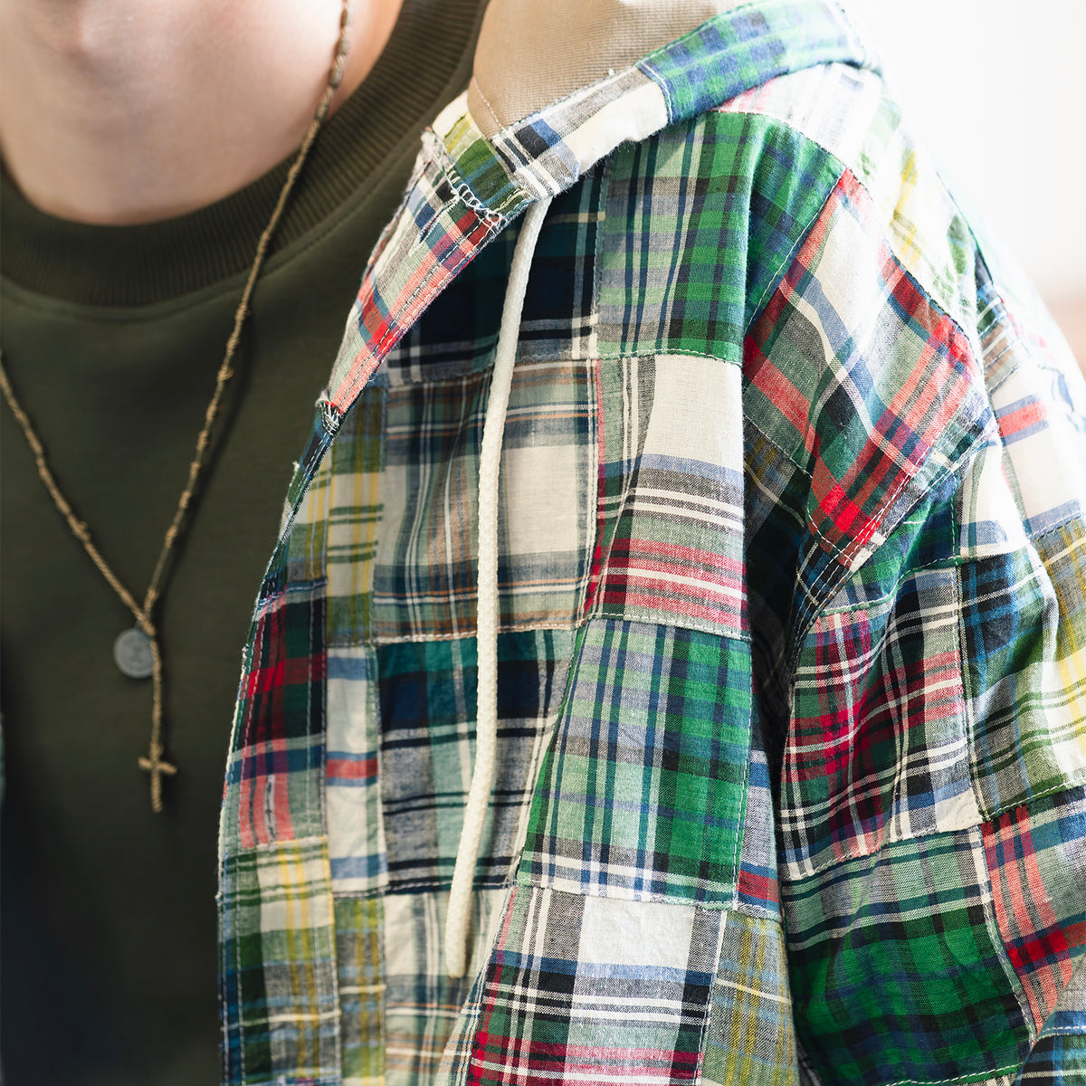 (ST567) Patchwork Hooded Shirt