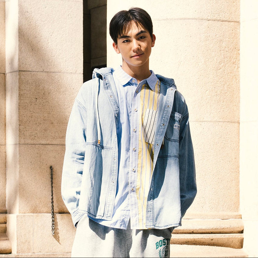 (ST476) Washed Denim Hodded Shirt