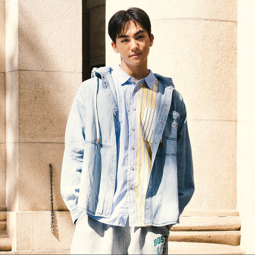 (ST476) Washed Denim Hodded Shirt