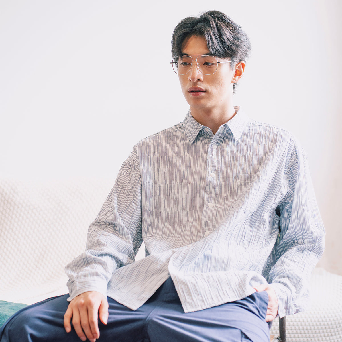 (ST555) Crinkle Striped Shirt