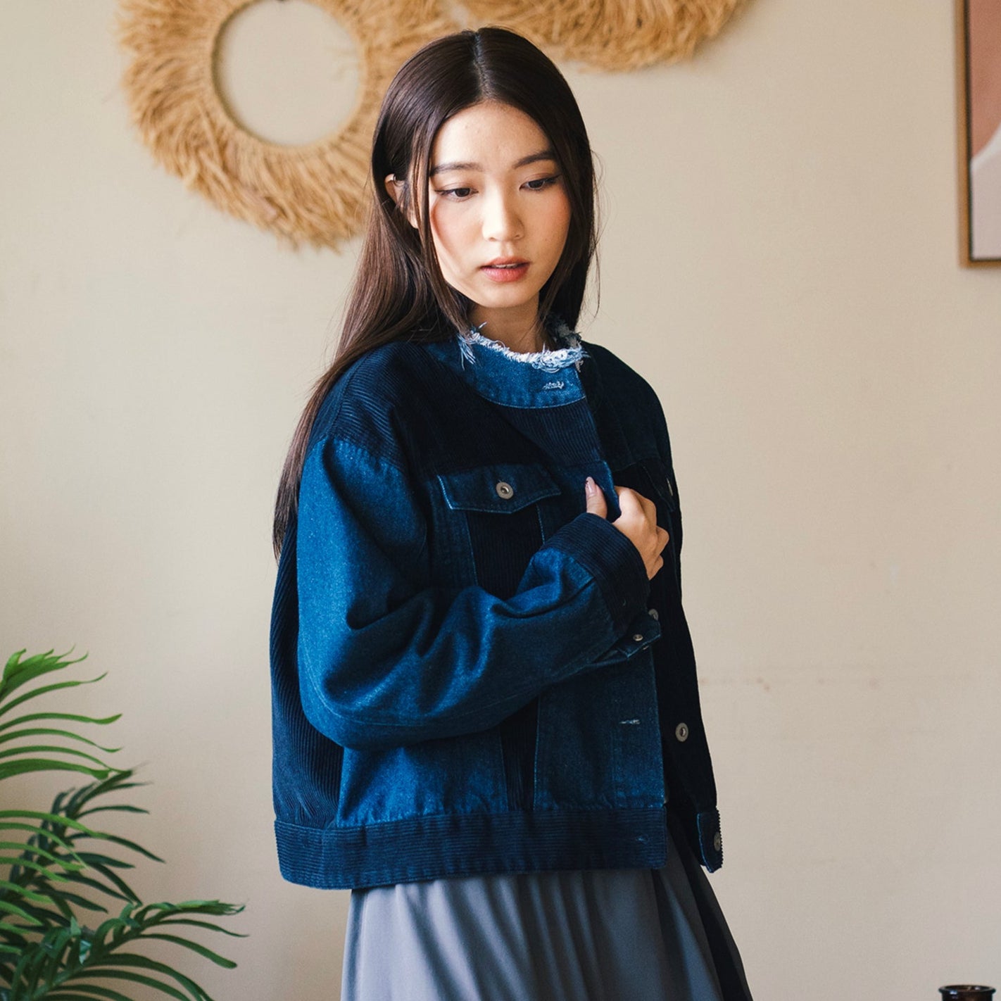 (JK415) 女裝短版散口拼布外套