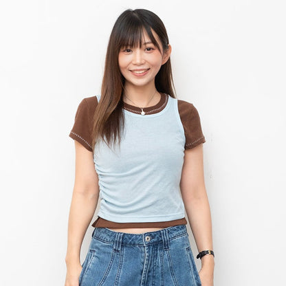 (TP1865) Whipstitch Trim Layered Twin Set