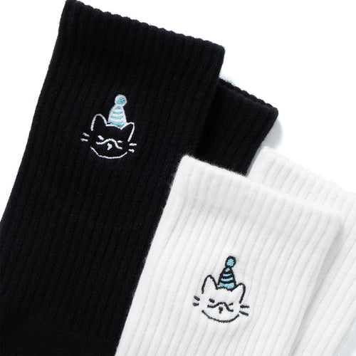 (EX662) Blue Hat Cat Embroidery Socks