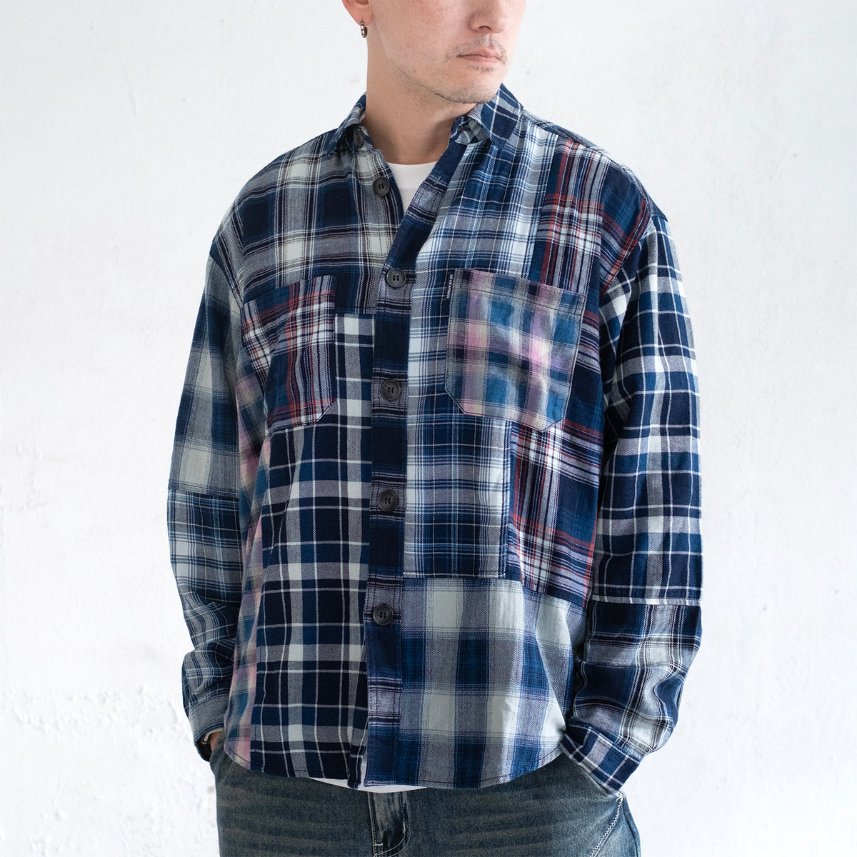 (ST560) Check Patchwork Shirt