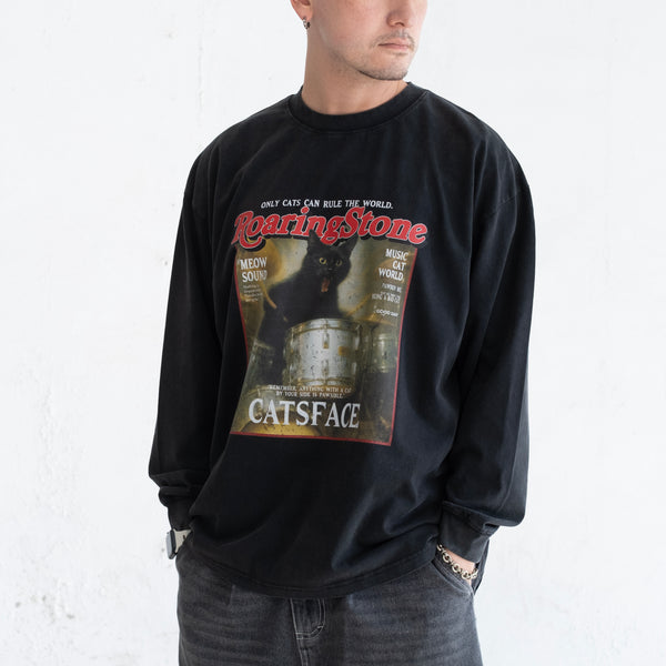 (ZT1817) Roaring Cat Graphic Long Sleeve Washed Tee