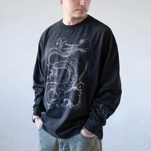 (EX678) Grey Dragon Long Sleeve Washed Tee