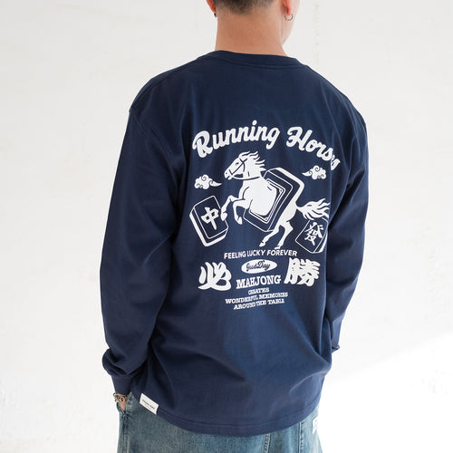 (ZT1843) Running Horses Graphic Long Sleeve Tee