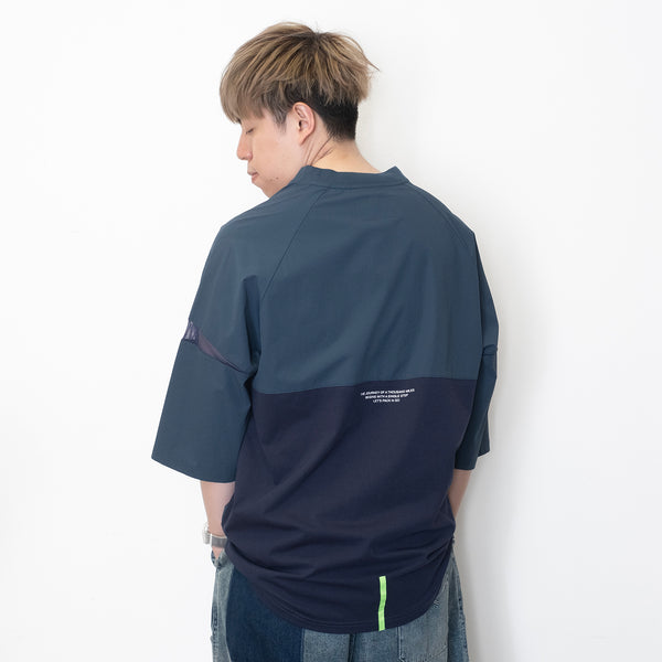 (TP1338) Contrast Cropped Sleeve Tech Tee