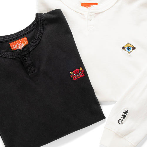 (EX612) Embroidery Henley Neck Long Sleeve Tee