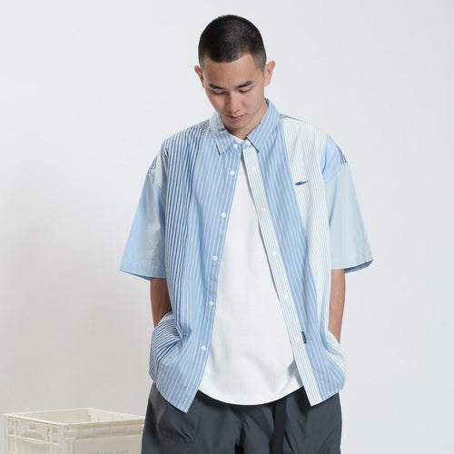 (ST290) Stripe Patchwork Short Sleeve Shirt