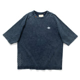 (TP1601) Indigo Washed Sashiko Crop Sleeve Tee