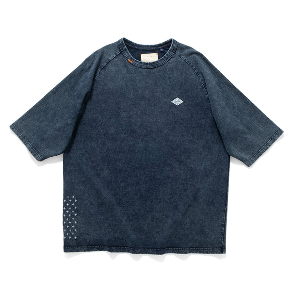 (TP1601) Indigo Washed Sashiko Crop Sleeve Tee